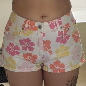 Forever 21 Floral Print Jean Shorts - Pink, Orange, Yellow